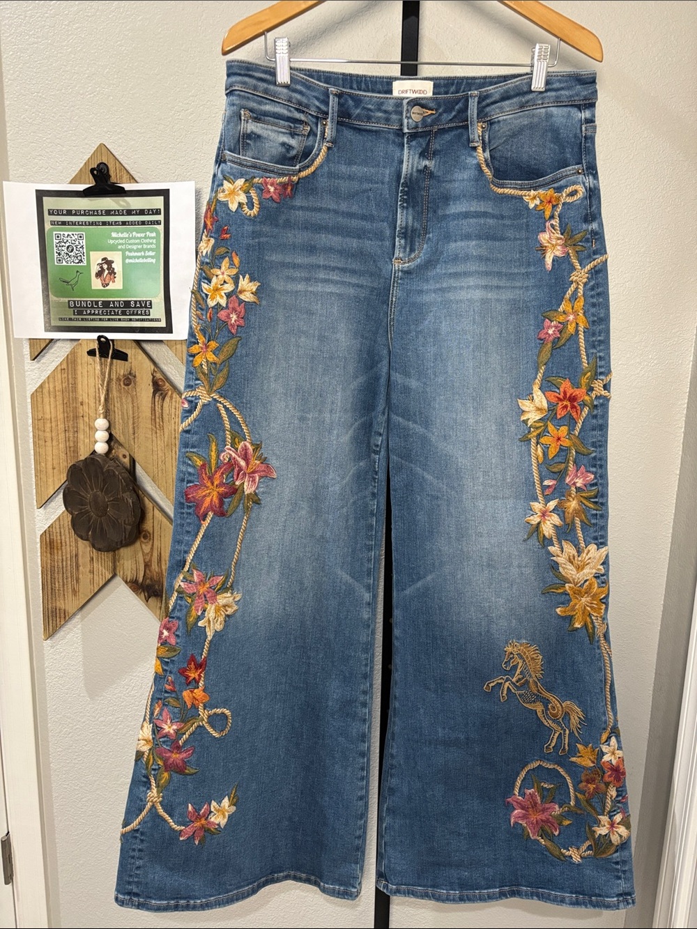 DRIFTWOOD Penelope Blue Wide-Leg Jeans with Western & Floral Embroidery W33” L32